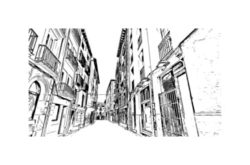 Building view with landmark Logrono is a city in northern Spain. Hand drawn sketch illustration in vector.