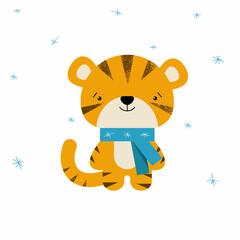 Cute cartoon tiger wearing blue scarf and snow on white background. Symbol of new year. Vector illustration for postcard, banner, decor, design, arts, web, calendar, advirtising.