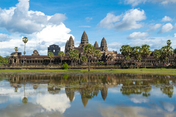 Angkor Wat, Siem Reap, Cambodia - a beautiful view of the most famous Khmer temple in Cambodia, reflected in water