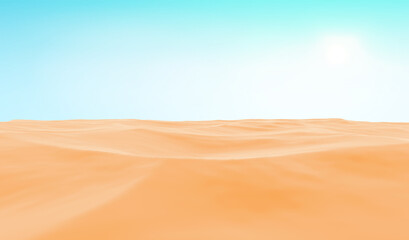 Fototapeta na wymiar Realistic desert landscape with blue sky and sun. Beautiful sandy dunes. 3d rendering.