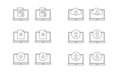Laptop, upload and download icon line vector design, cloud, document, arrow upload and download vector icon line set