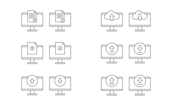 Computer, upload and download icon line vector design, cloud, document, arrow upload and download vector icon line set