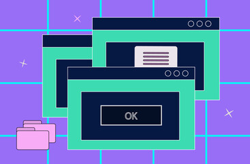 Browser window retro. Error on the old computer interface. Retrowave, pop-up modals. Warning about violation of software installation process. User interface, browser and desktop. Vector illustration.