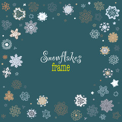 Blue square background with doodle snowflakes. Snowing circle frame. New Year card. Snow shapes. Frost window, abstract cold pattern. Winter backdrop with grey snowfall. Christmas Eve. 