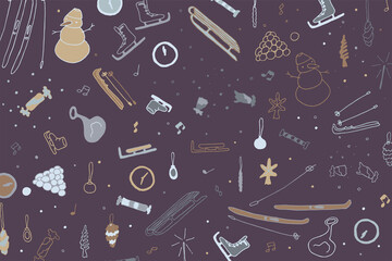Winter holidays background. Winter hobbies, winter activities pattern. Child games backdrop. New Year countdown. Eve of Christmas. Winter sports things. Dark violet background, doodle vector.