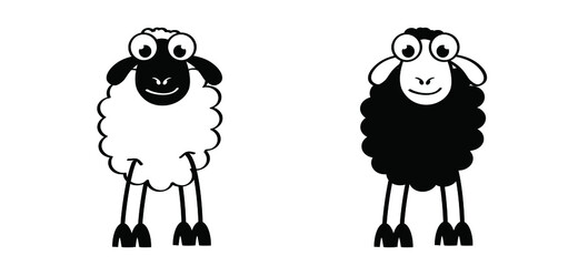 Cartoon, comic cute black and white sheep stickman. sheep icon. Drawing black sheep lamb sign or pictogram. Stick figure character. Happy animal face. Vector