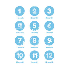 12-month template for newborns, blue minimalism vector illustration,stickers for boy and girl