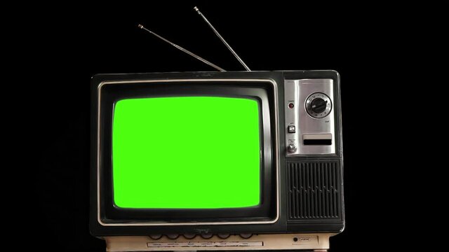 Old Television Green Screen Over Black Background. 4K Resolution.