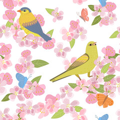 seamless texture with flowering cherry and birds for your design