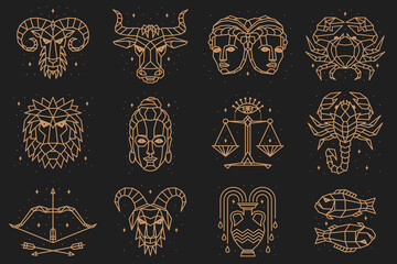 Thin line vector zodiacal symbols. Astrology, horoscope sign, graphic design elements, printing template. Vintage outline stroke style. Isolated on white.