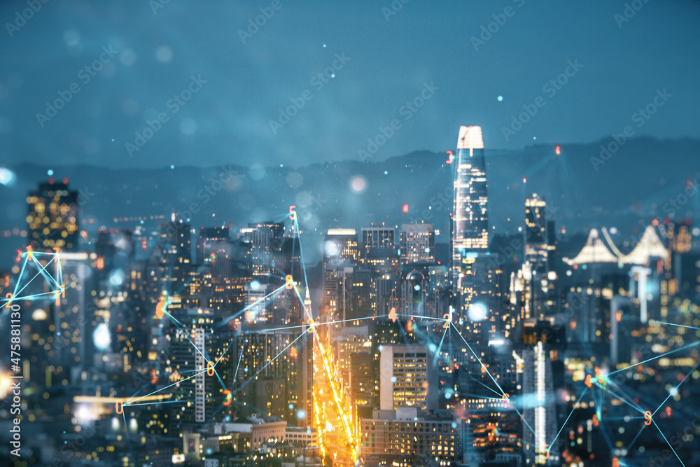 Aufkleber Abstract virtual wireless technology hologram on San Francisco skyline background. Big data and database concept. Multiexposure