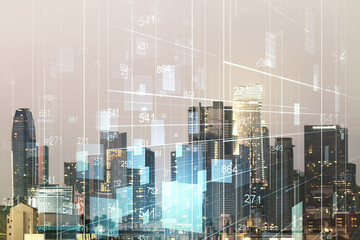 Multi exposure of stats data illustration on Los Angeles city skyline background, computing and analytics concept