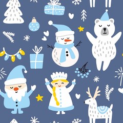 New Year's pattern with Santa Claus and snow maiden, snowman and bear