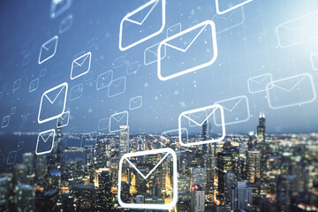 Abstract virtual postal envelopes illustration on Chicago skyline background. Email and communications concept. Multiexposure