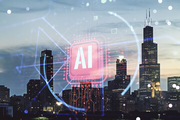 Double exposure of creative artificial Intelligence abbreviation hologram on Chicago office buildings background. Future technology and AI concept