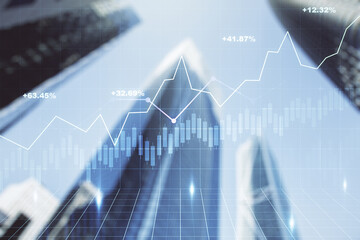 Double exposure of abstract financial chart on office buildings background, research and analytics concept
