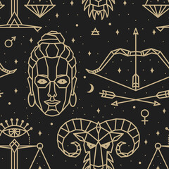 Seamless pattern - signs of the zodiac. Gold illustration of astrological signs on a dark background. Magical illustrations of women and animals in the starry sky.
