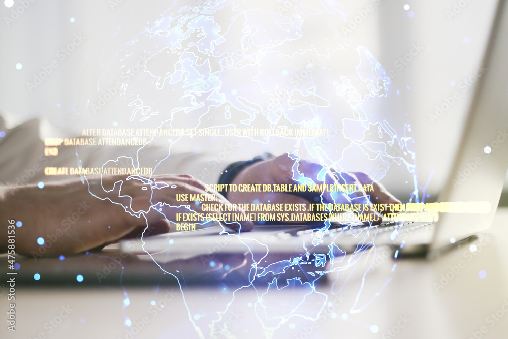 Poster multi exposure of abstract software development hologram with world map and hands typing on computer