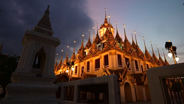 Wat Ratchanatdaram and Loha Prasat Metal Castle at sunset, landmark and famous place of Bangkok city, Thailand