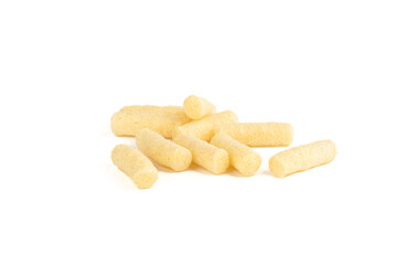 Several sweet corn sticks on a white background.