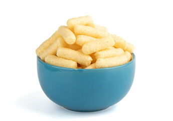 Sweet corn sticks in a blue bowl on a white background.