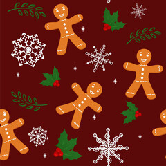 Cute pattern with gingerbread man, white icing. Snowflakes, holly berry, branches, snow on burgundy background. Christmas smiling cookie. Vector Illustration
