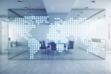 Multi exposure of abstract graphic world map on a modern furnished classroom background, big data and networking concept