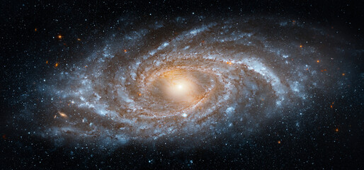 View from space to a spiral galaxy and stars. Universe filled with stars, nebula and galaxy,....