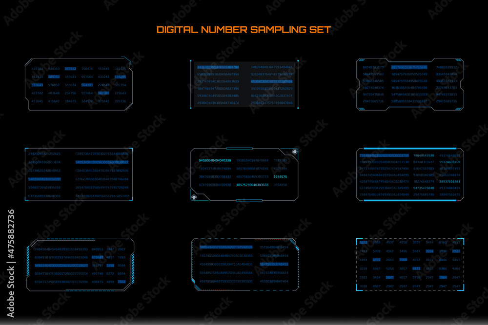 Leinwandbilder Futuristic Encoding Number Data Sampling Simulation Vector Set. HUD Technology Encoding Display Information Element