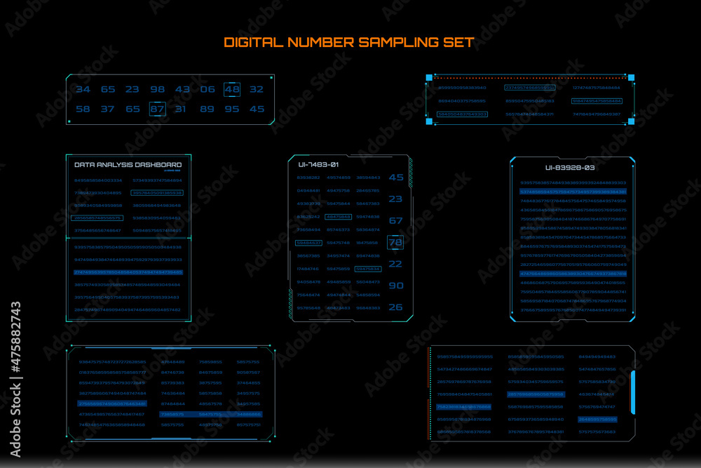 Fototapete HUD Futuristic Digital Number Data Random Selection Vector. Binary Security Encoding Screen Monitoring Dashboard.	
