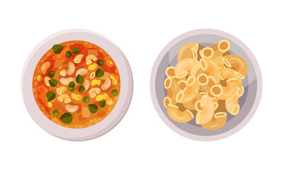 Set of pasta dishes. Top view of soup with vegetables and chifferi rigati or gomiti pasta vector illustration