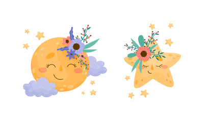 Cute moon and star characters wearing wreaths of wildflowers set vector illustration
