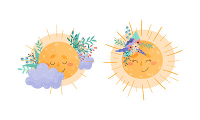 Cute moon and sun characters decorated with flowers set vector illustration