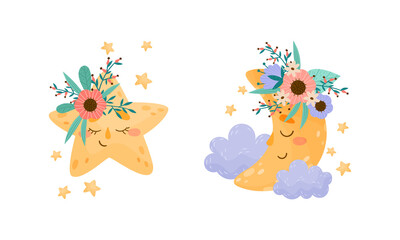 Cute crescent and star characters decorated with flowers set vector illustration