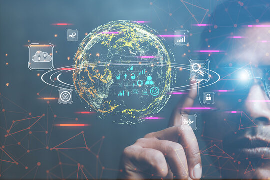 Engineer using glasses Visure that showcases industry innovations, investment trends that is connected to a global network to process large construction databases industrial concept
