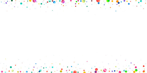 Watercolor confetti on white background. Admirable rainbow colored dots. Happy celebration wide colorful bright card. Unequaled hand painted confetti.