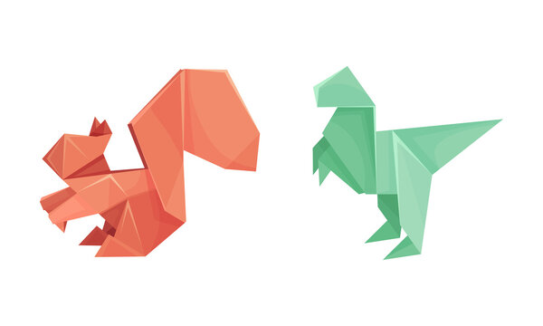 Color origami animals set. Dinosaur and squirrel Japanese origami folded toys vector illustration