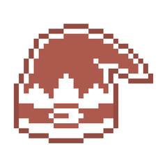 Fototapeta premium Pixel art elf hat, gingerbread cookie decorated with white sugar icing, 8 bit food icon isolated on white background. Frosted biscuit. Christmas dessert. Winter holiday pastry. Retro 2d game graphics.