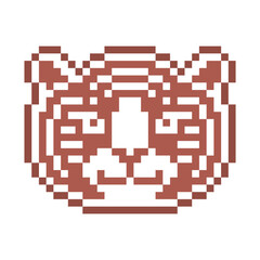 Pixel art tiger head, gingerbread cookie decorated with white sugar icing, 8 bit food icon isolated on white background. Frosted biscuit. Christmas dessert.Winter holiday pastry. 2022 New Year symbol.