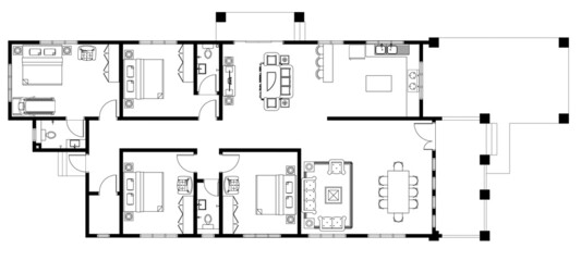 2D CAD house layout plan drawing with 3 bedrooms complete with 2 bathrooms, balcony, furniture, kitchen, living room and furniture. Drawing produced in black and white. 