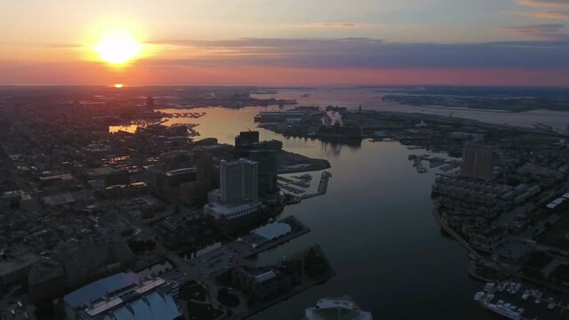 Sunset Over Baltimore, Aerial Flying, Maryland, Inner Harbor