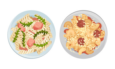 Cooked pasta dishes set. Top view of pasta with salmon fish and meatballs served on plates vector illustration