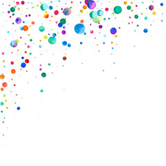Watercolor confetti on white background. Actual rainbow colored dots. Happy celebration square colorful bright card. Uncommon hand painted confetti.