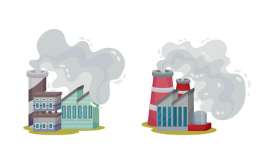 Industrial buildings with smoke from smokestacks set. Factory and power plants. Air pollution. Environmental protection, ecology concept vector illustration