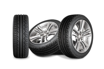 Set of four wheels on white background. New tires on aluminum wheel rims.