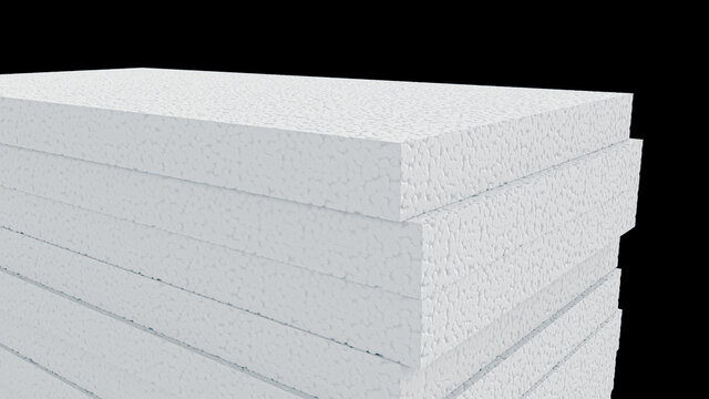 3D rendering of stacked styrofoam sheets isolated on a black background