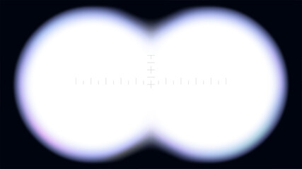 Looking through binoculars. Vector blurred frame with transparency. Wide optical field of view. Realistic template with an actual graduated reticle and rainbow chromatic aberration. Blank screen