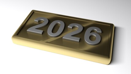 Metallic brass tag with the write 2026 chromed - 3D rendering illustration