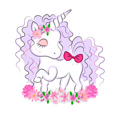 Cute Sweet Pony Unicorn with Flowers Postcard Textile Print T-shirt Packaging Decoration Fairy Tale Character Cute Animal Horse Girly Cartoon Drawings Vector illustration
