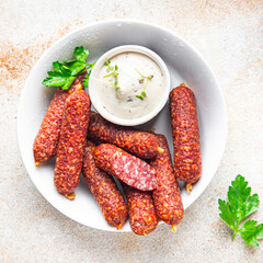 smoked sausage meat sausages meal snack on the table copy space food background rustic 